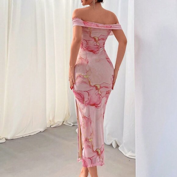 Pink Boho Women's Valentine's Day Floral Print Off-Shoulder Mesh Maxi Dress - Picture 3 of 5
